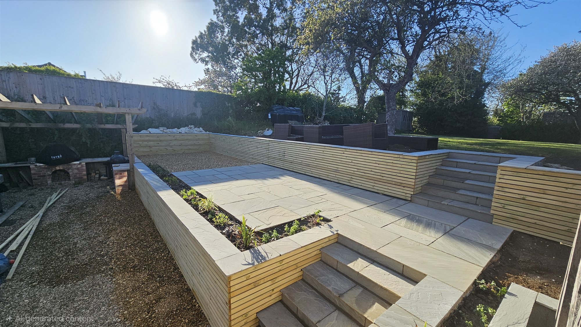Ropsley tiered garden with sandstone paving and timber cladding after transformation